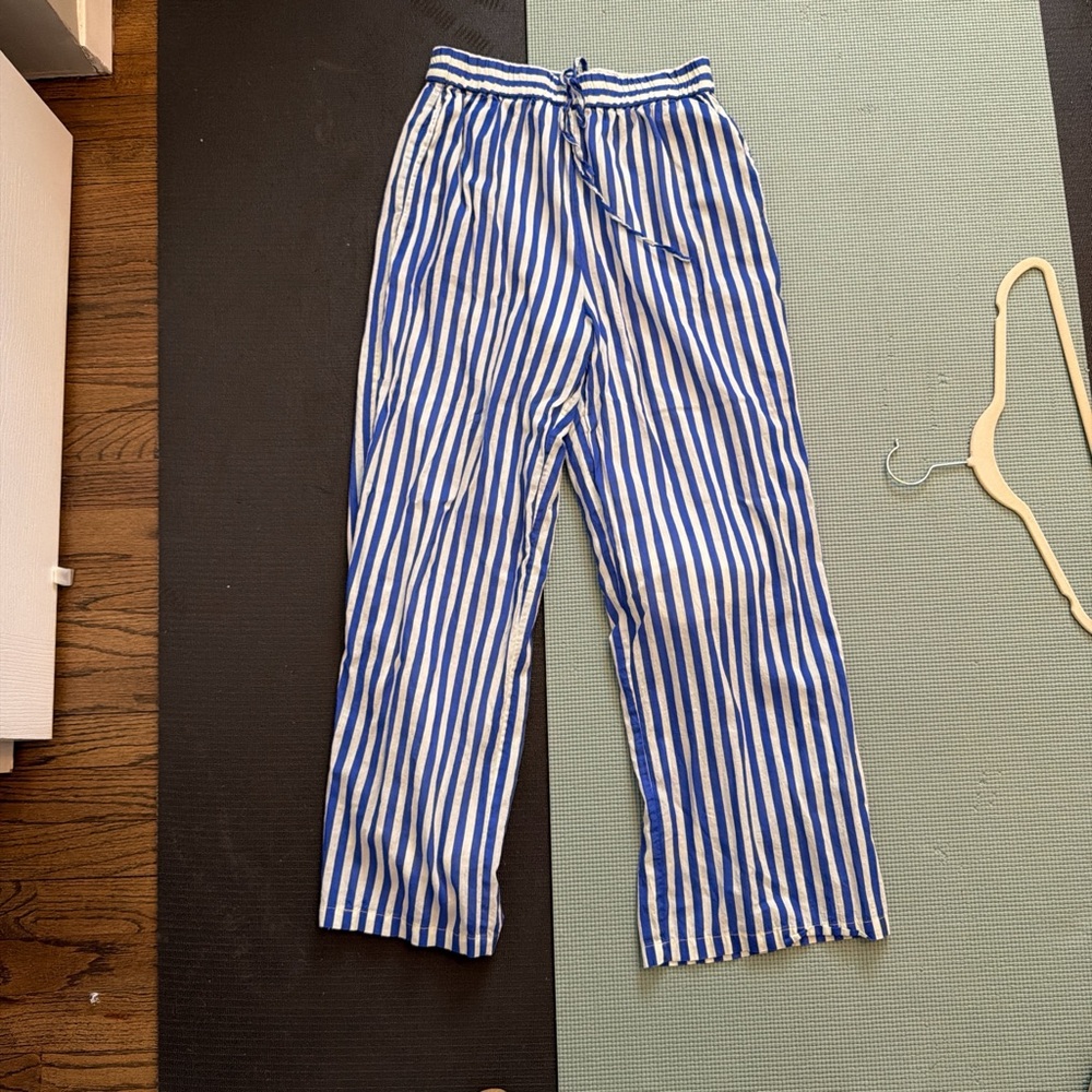 Blue and White Vertical Stripe Drawstring Pants